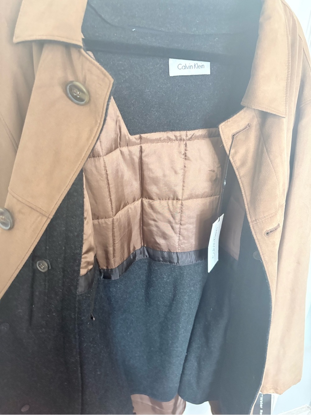 Calvin Klein Faux Suede Water Repellent Car Coat Wool Lined Tan 46 Long NWT - Picture 8 of 9